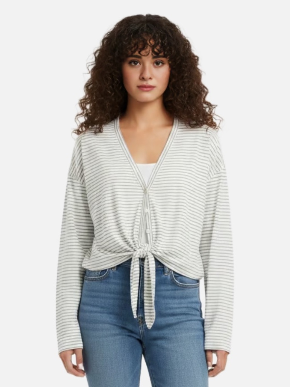 Forever 21 White and blue Striped V-Neck Tie-Front Sweater